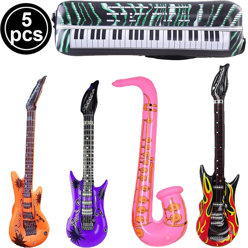5 Piece PVC Musical Instrument Inflatable Balloon Set with Guitar and Microphone for Kids Birthday and Retro Party Decorations