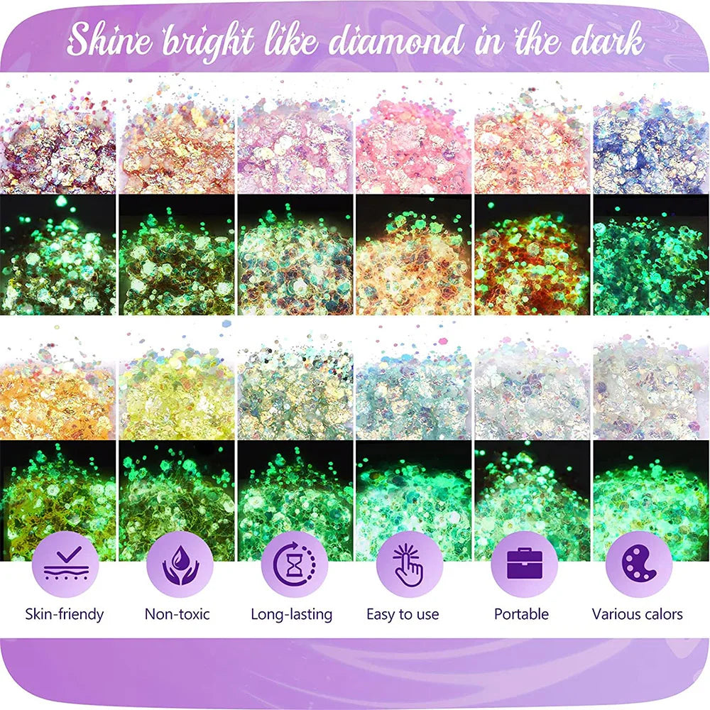 12 Colors Glow in The Dark Glitter Gel Makeup for Festivals and Parties UV Body and Face Glitter