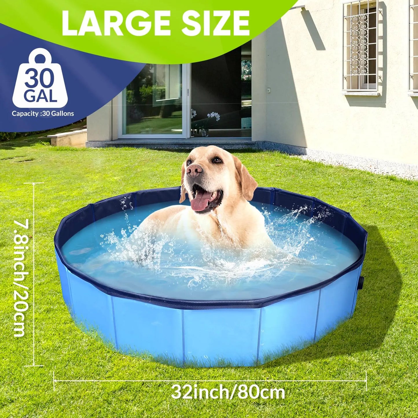 Foldable Dog Pool for Small Pets Quick Setup and Drain Hole Durable Waterproof PVC 32x8 Inches