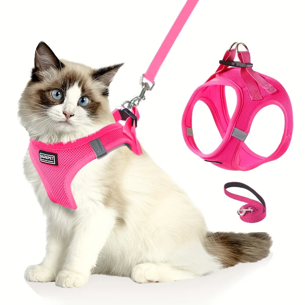 Adjustable cat harness with reflective tape, soft and breathable vest, suitable for walking and preventing escape