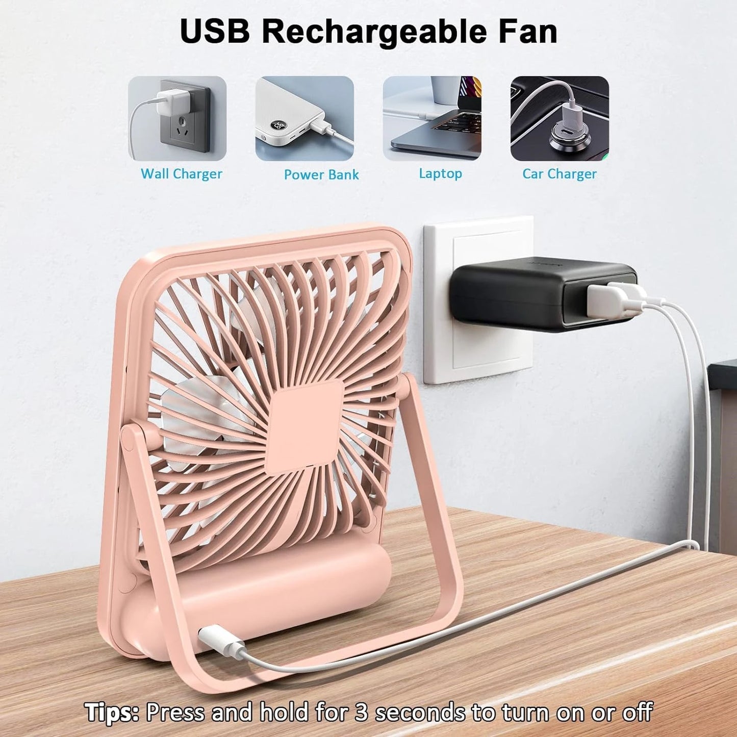Portable USB Rechargeable Desk Fan With 180º Tilt And 5 Speeds
