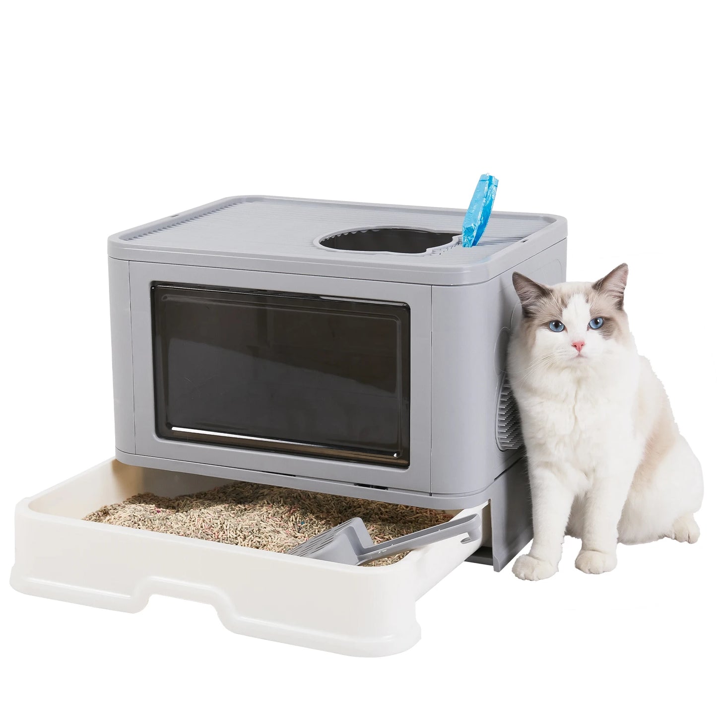Foldable Cat Litter Box with Massager Scoop and Dual Access