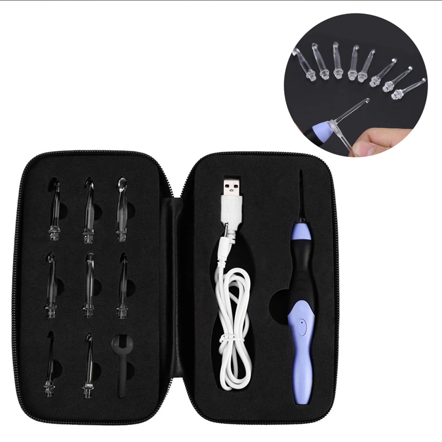 9 Piece USB Rechargeable LED Light Up Crochet Hook Set 2.5 to 6.5MM Ideal for DIY Crafts and Knitting
