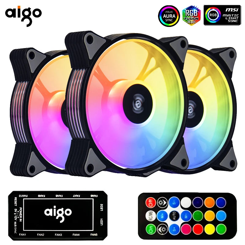 Ventilador para caja de ordenador Aigo AR12 de 120 mm, disipador de calor RGB, puerto SATA Aura Sync, enfriador de 12 cm, ventilador de refrigeración con controlador silencioso ARGB