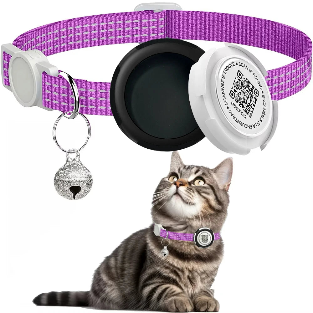 GPS Tracker Cat Collar with Airtag Case & QR ID Tag Dual Protection Reflective Kitten Collar for Cats Gatos Puppy Air Tag Cats