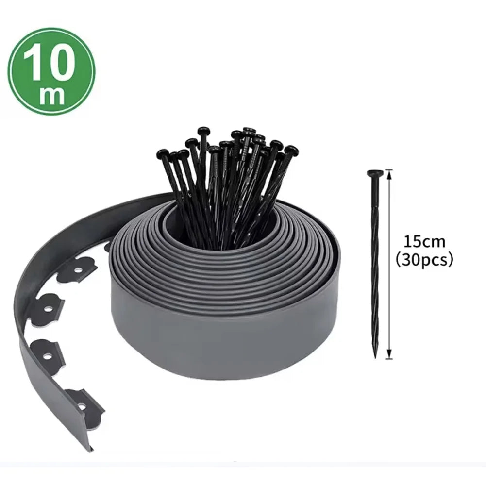 10M Plastic Garden Edging Border Kit with 30 Anchoring Spikes for Easy Installation and Durable Landscape Design