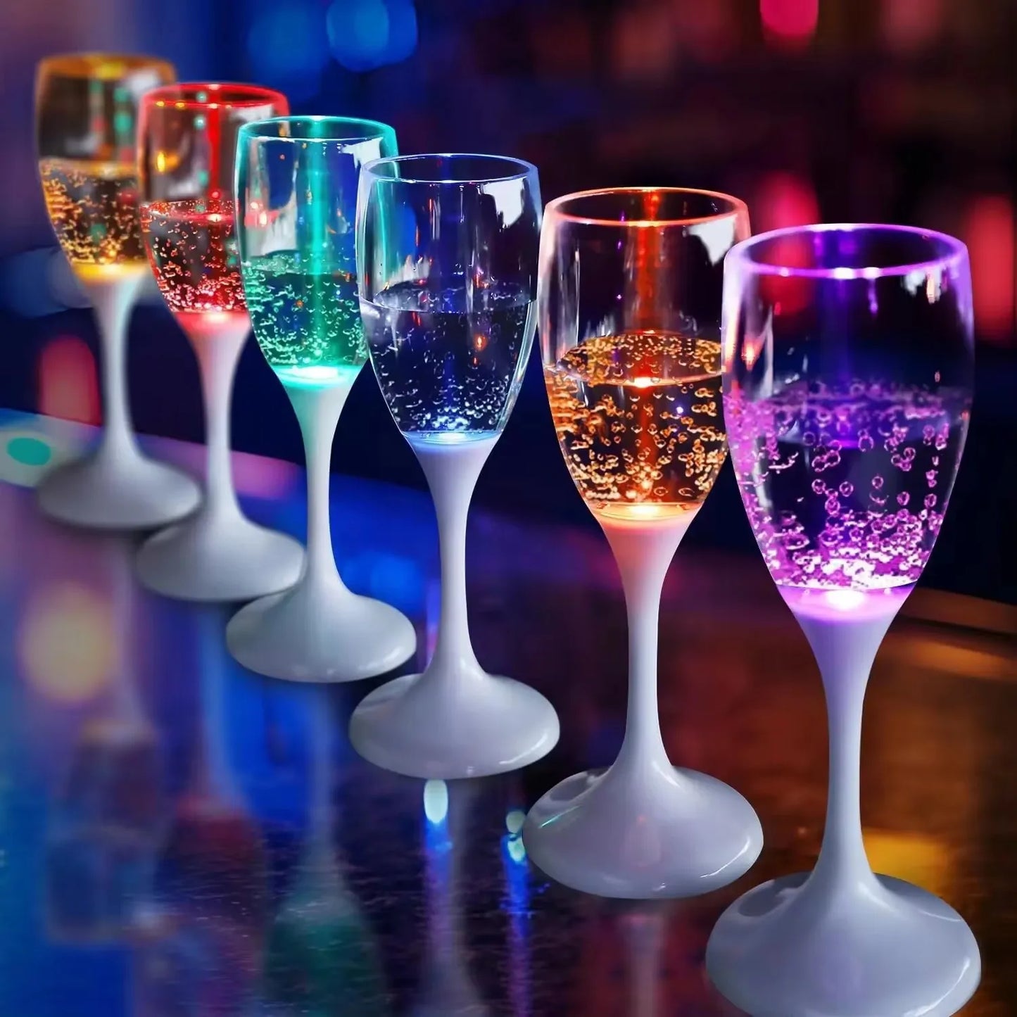 LED Light Up Champagne Flutes Set of 6 Colorful Plastic Drinking Glasses for Parties and Celebrations