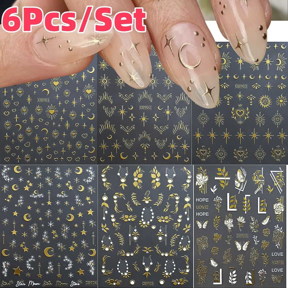 6Pcs/Set Metal Silver Star Heart Moon 3D Nail Art Stickers