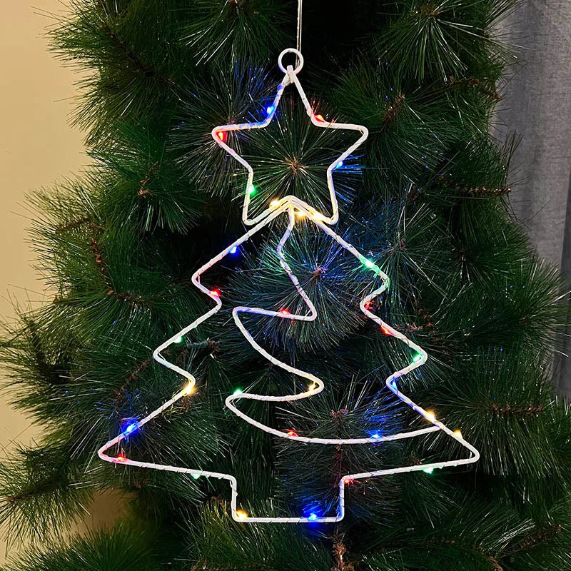Xmas Tree Iron Frame LED Light String Window Hanging Ornament for 2024 Christmas and 2025 New Year Home Decoration