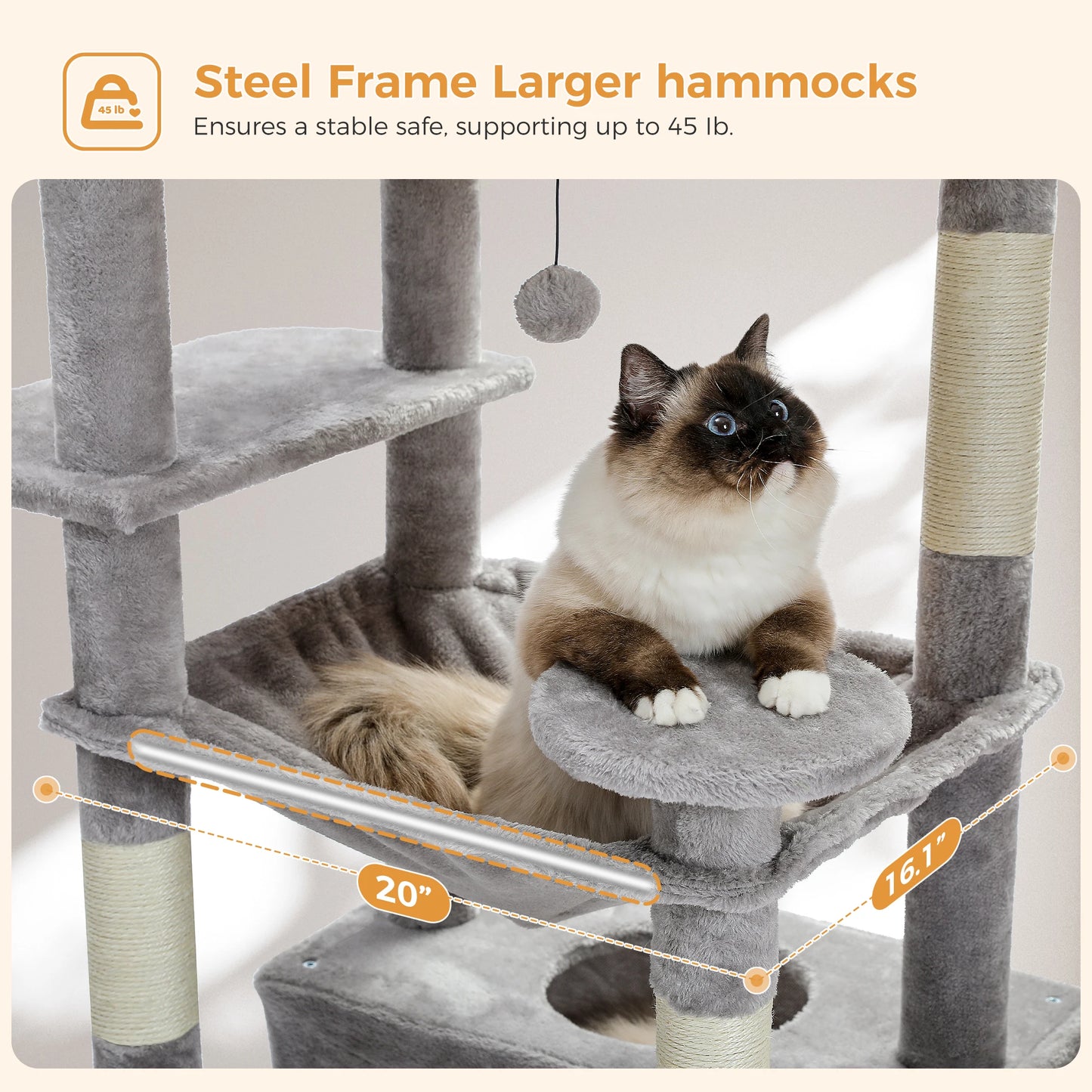 184cm Large Cat Tree and Tower for Indoor Cats With Scratching Posts and Spacious Hammocks