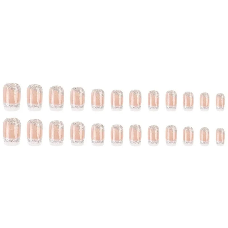 24 Pcs Fake Nails with Design White French Glitter Press On Nails