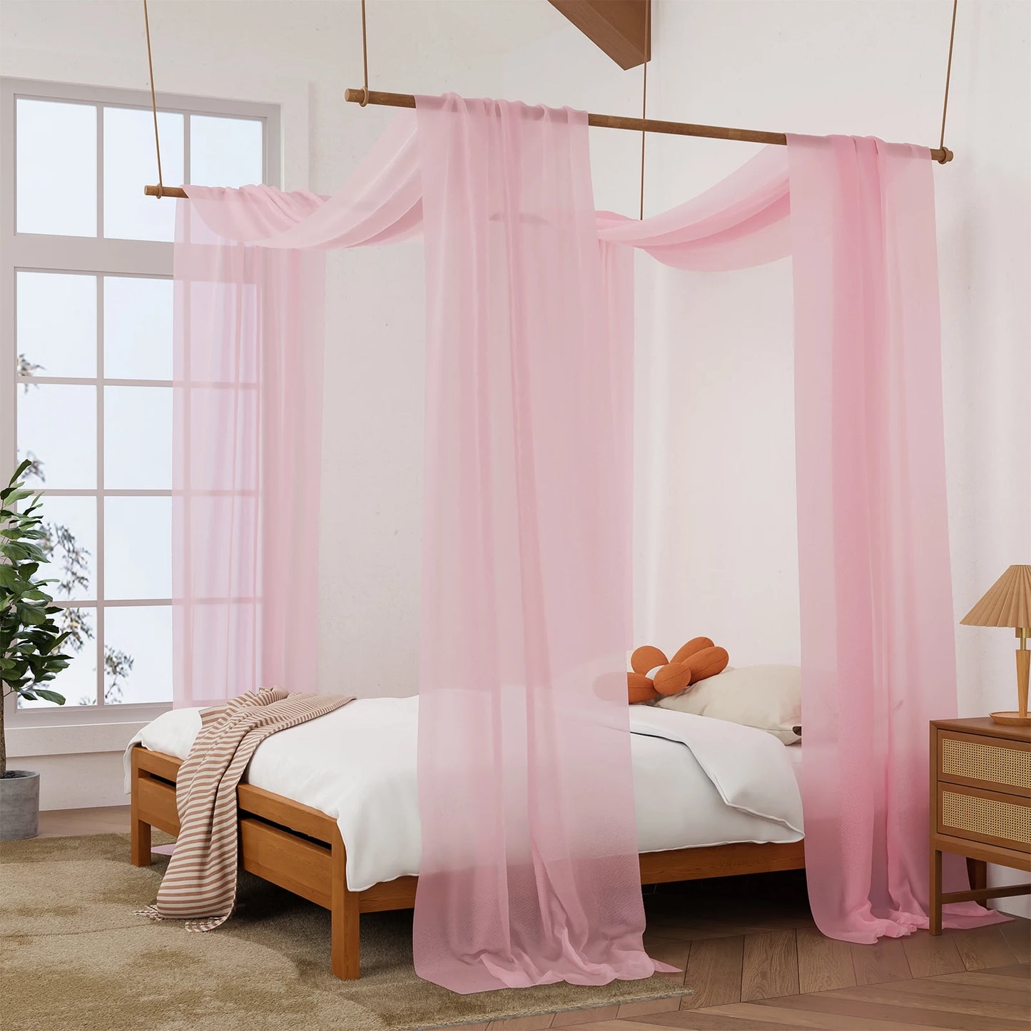 Luxury Pink Sheer Scarf Bed Canopy for Adults Girls Room Decor
