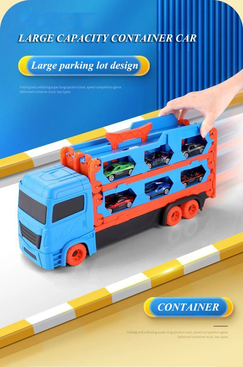 Large Car Transporter Truck with Folding Track and Racing Vehicles for Kids - Competitive Games and Storage Alloy Car Toy - Perfect Gift for Boys