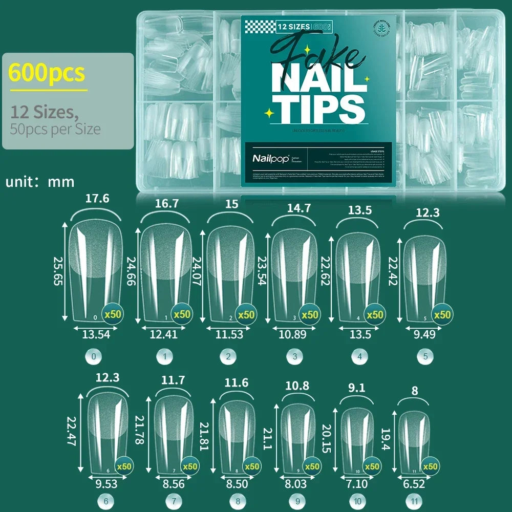 Nailpop 600PCS Full Cover Medium Length Ballerina Nail Tips