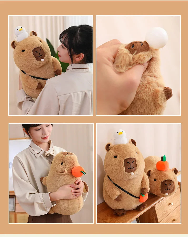 Strawberry Hat Capybara Plush Toy with Turtle Backpack Pendant