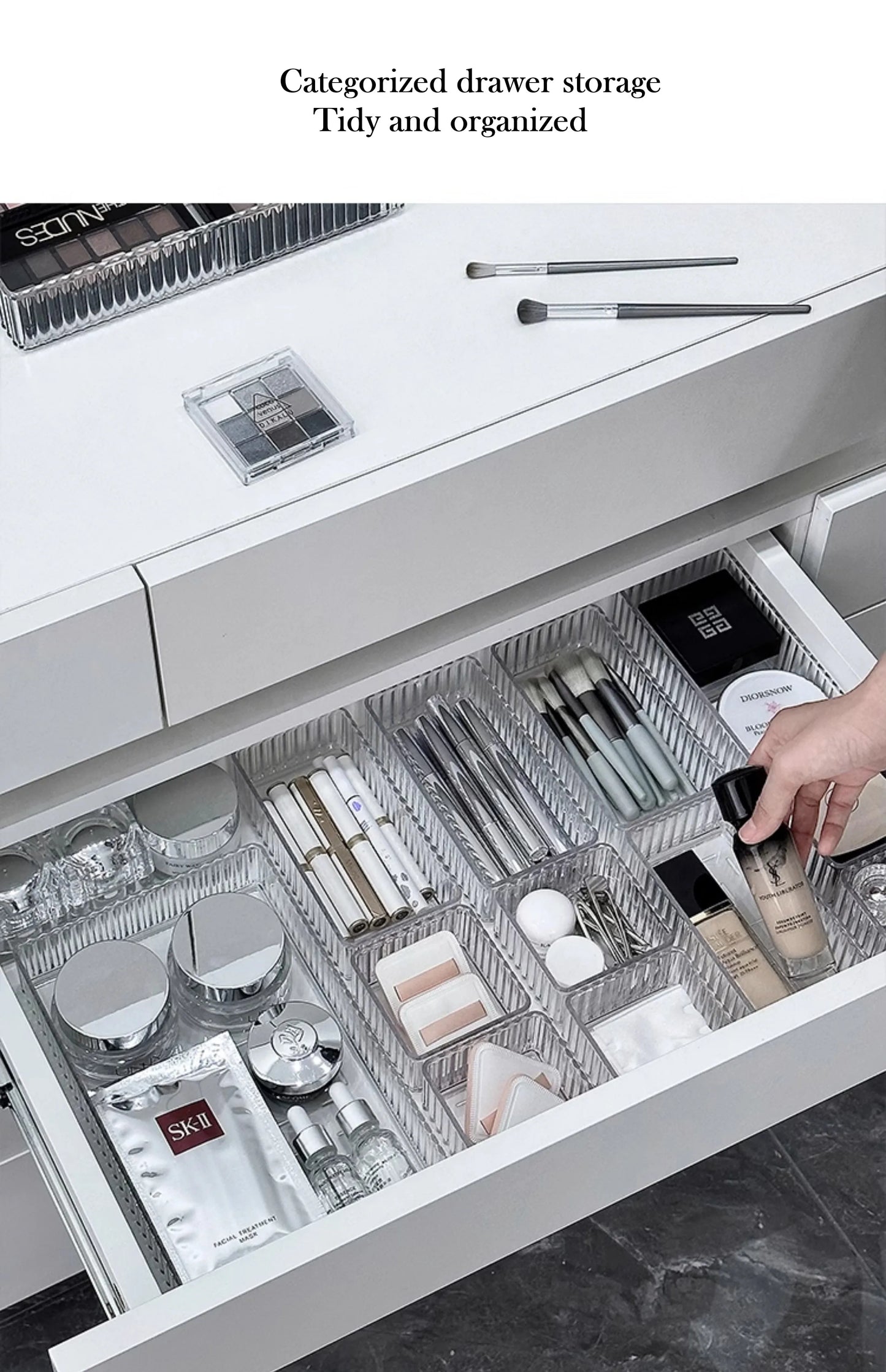 Clear Plastic Drawer Organizers Set for Bathroom and Vanity Storage Bins