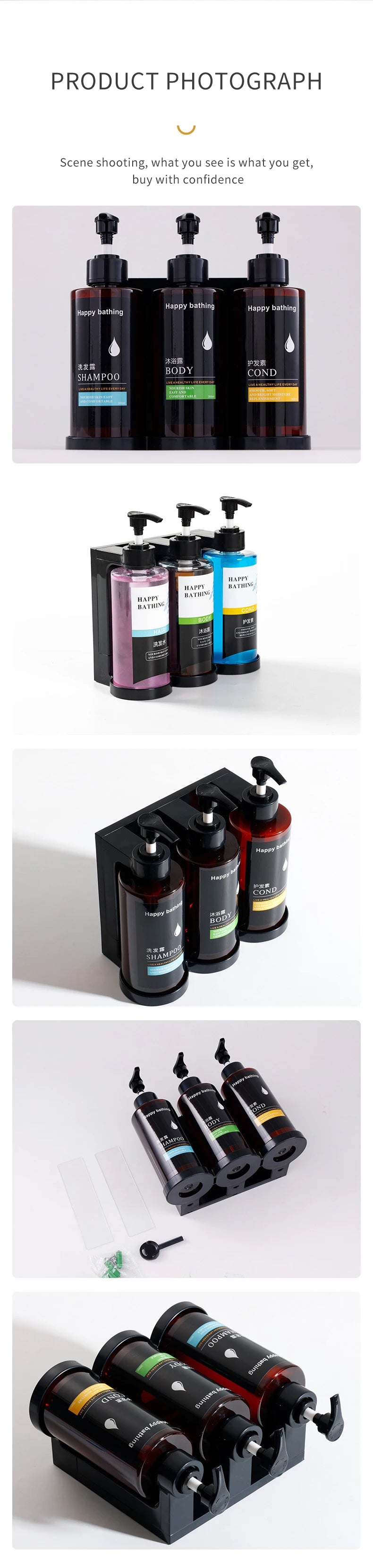 Wall Mounted Hotel Shampoo and Shower Gel Dispenser with Hand Sanitizer Box and Manual Soap Dispenser