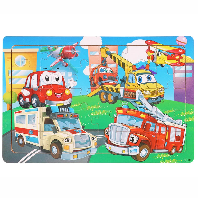 30 Pieces Wooden Jigsaw Puzzle Kids Cartoon Animal Vehicles