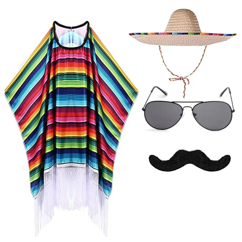 Mexican Party Costume for Kids and Adults with Colorful Cloak Wide Brimmed Sombrero