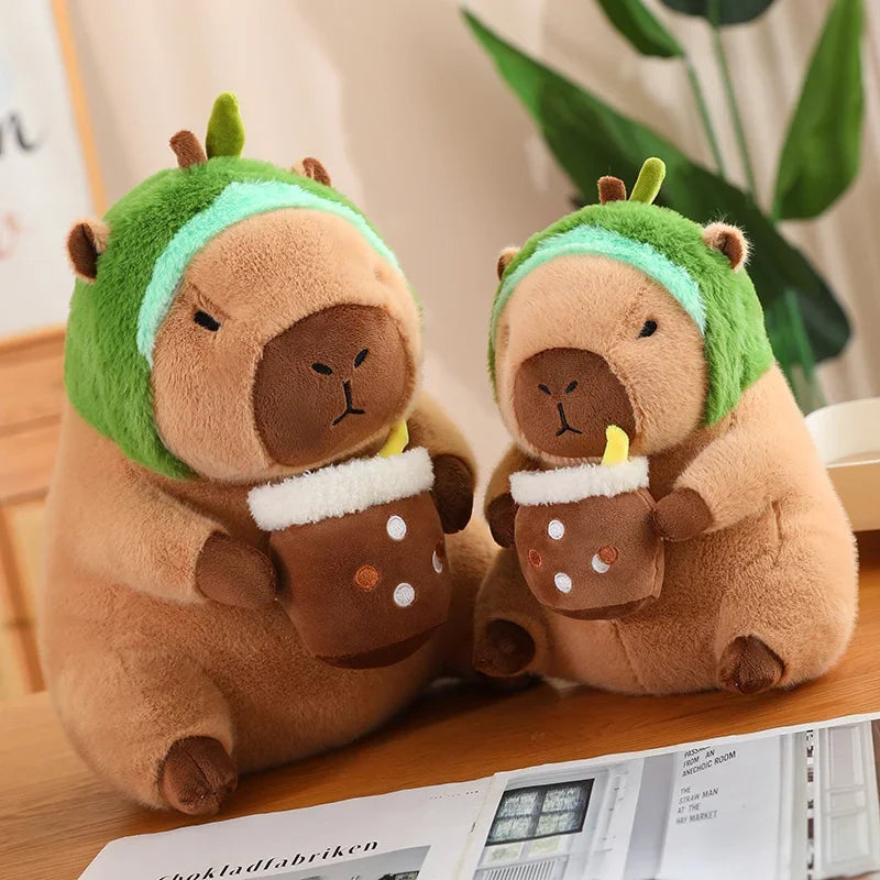 Strawberry Hat Capybara Plush Toy with Turtle Backpack Pendant