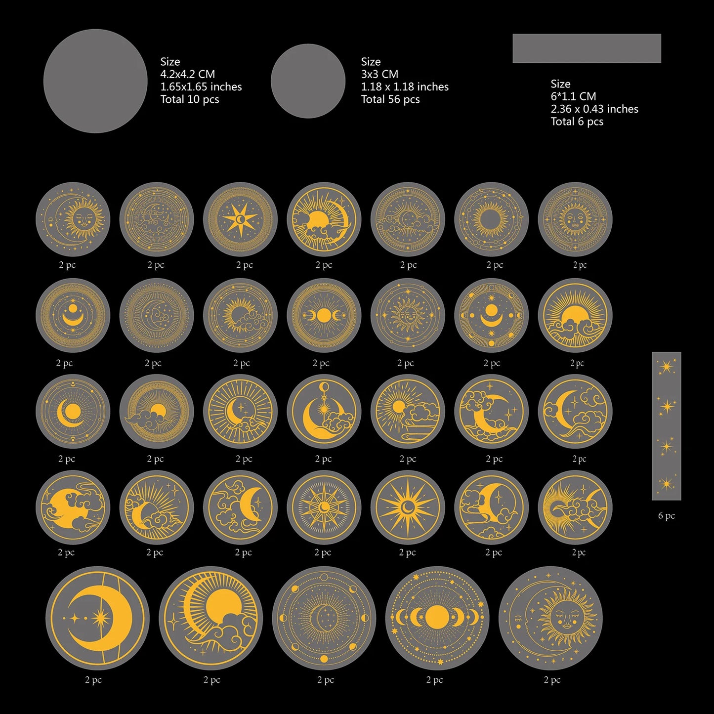 70 Pcs Glitter Gold PET Adhesive Stickers Waterproof Transparent Label Sun Moon Stars Design