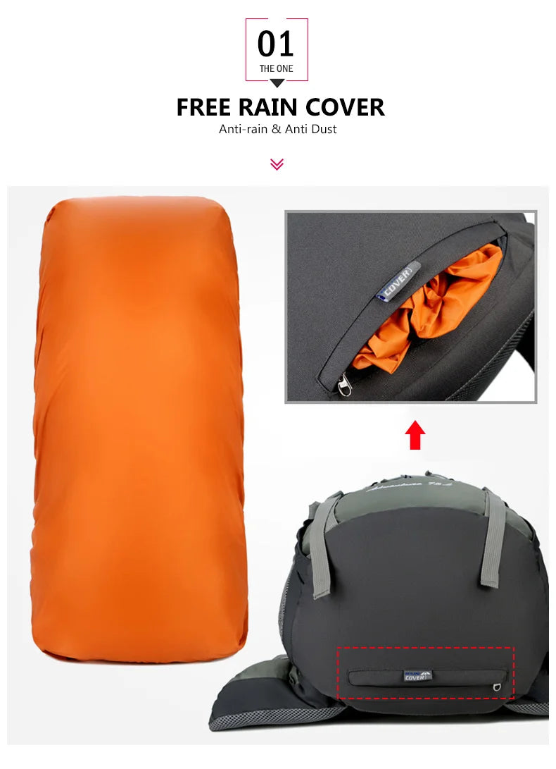 75L Camping Backpack Travel Sport Bag With Rain Cover Men