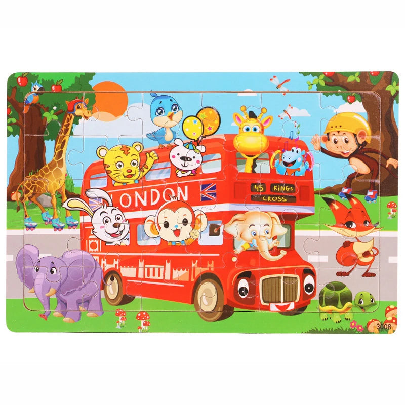 30 Pieces Wooden Jigsaw Puzzle Kids Cartoon Animal Vehicles