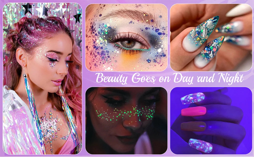 12 Colors Glow in The Dark Glitter Gel Makeup for Festivals and Parties UV Body and Face Glitter
