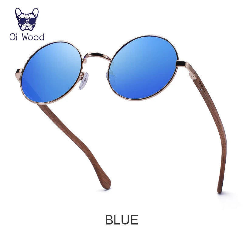 Oi Wood Retro Round Sunglasses For Men Women Polarized Blue Mirror Eyewear 8024