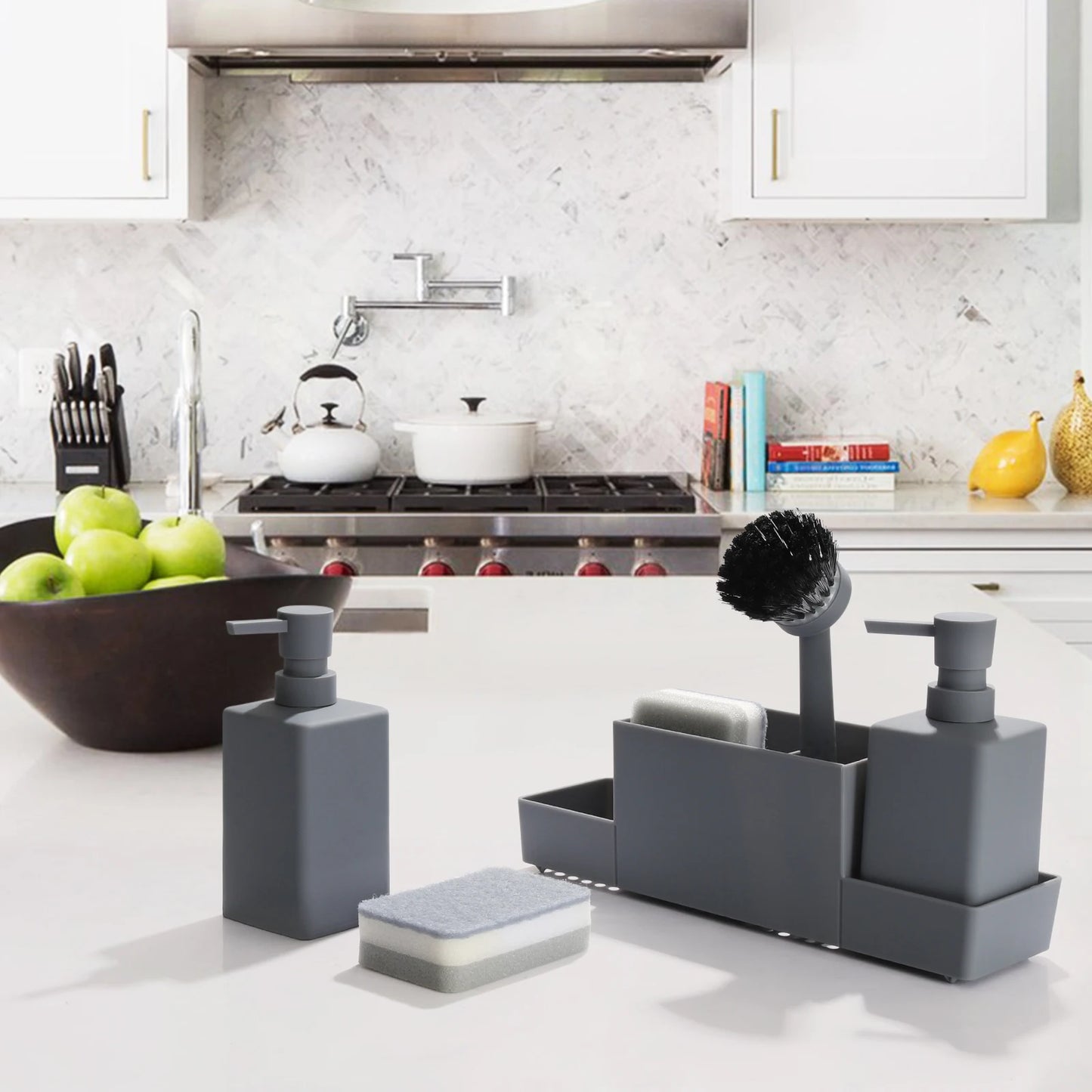 Matte Black Kitchen Soap Dispenser and Sponge Holder Set for Sink Caddy with Hand Soap and Dish Soap Storage
