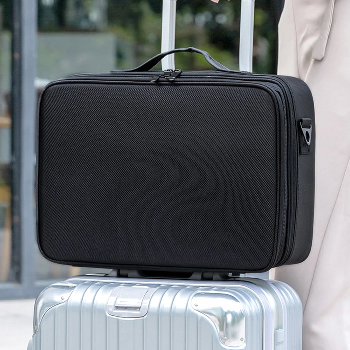 Three Layer Waterproof Oxford Cloth Cosmetic Case with Manicure Makeup Toolbox and Travel Underwear Storage