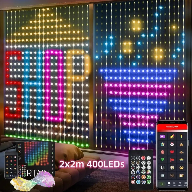 400LEDs Smart Curtain Lights with Bluetooth App Control for DIY RGB Fairy Lights and Music Sync Display