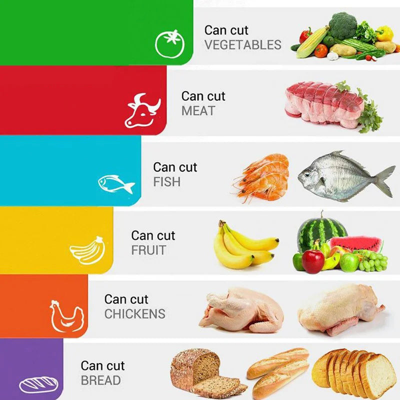 6 Piece Colorful Flexible Plastic Non-Slip Chopping Boards with Food Icons for Easy Kitchen Prep