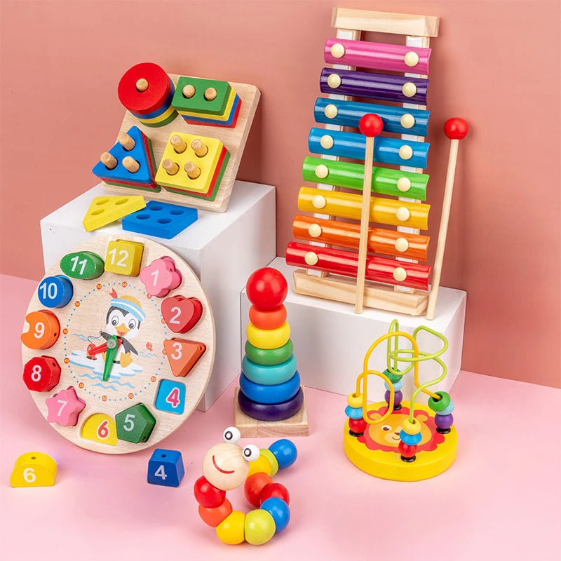 Montessori Wooden Educational Blocks for Babies and Kids Age 0 to 6 - Colorful Learning Toy for Creativity and Skill Development - Ideal Christmas Gift