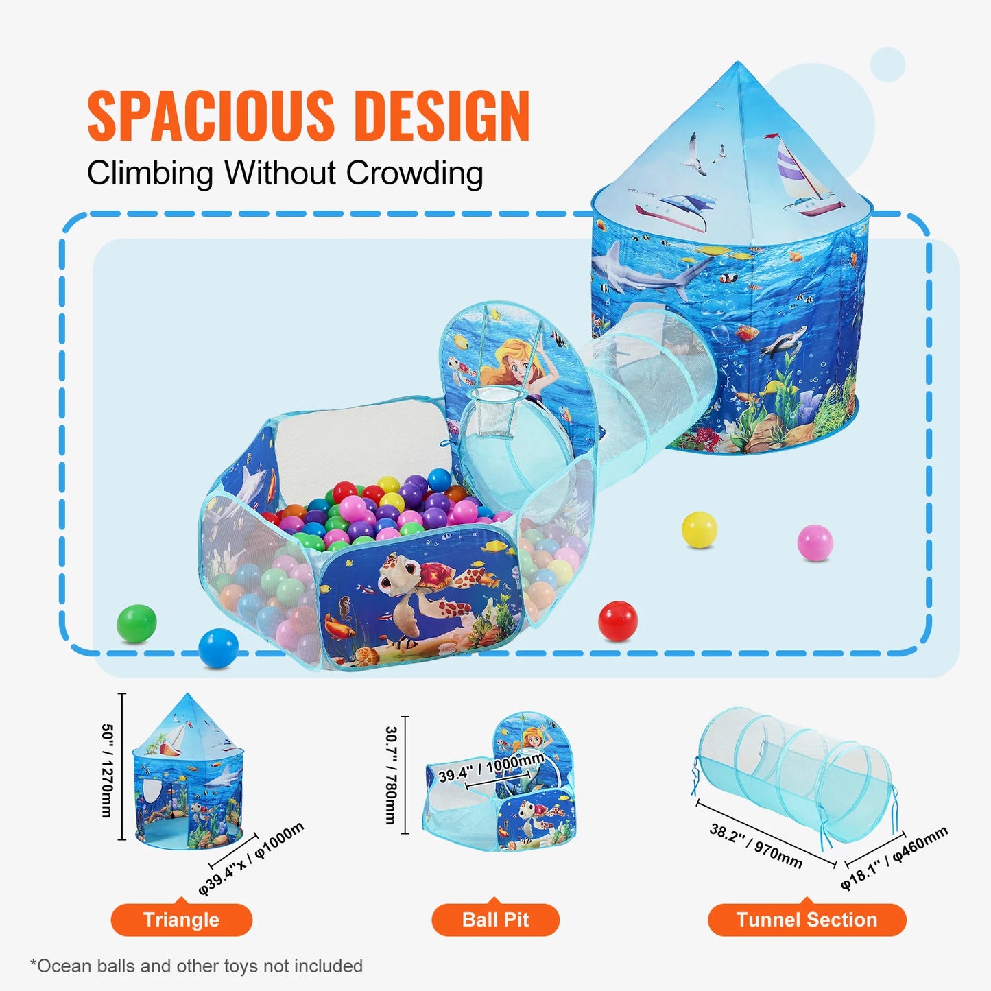 VEVOR 3 in 1 Kids Play Tent with Tunnel and Basketball Hoop