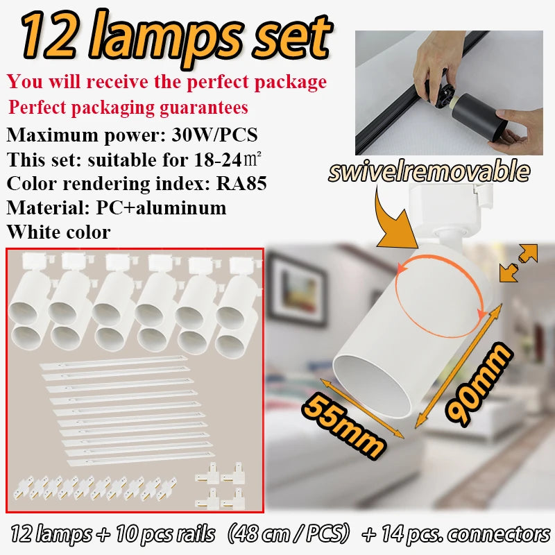 Dimmable GU10 Track Light Set Smart Home Spotlights Adjustable Ceiling Rail Lighting for Kitchen and Living Room