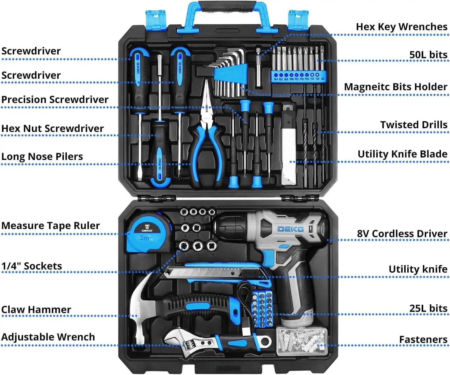 DEKO Drill Set: 8V Cordless Tool Kit for Home Use 126 Piece