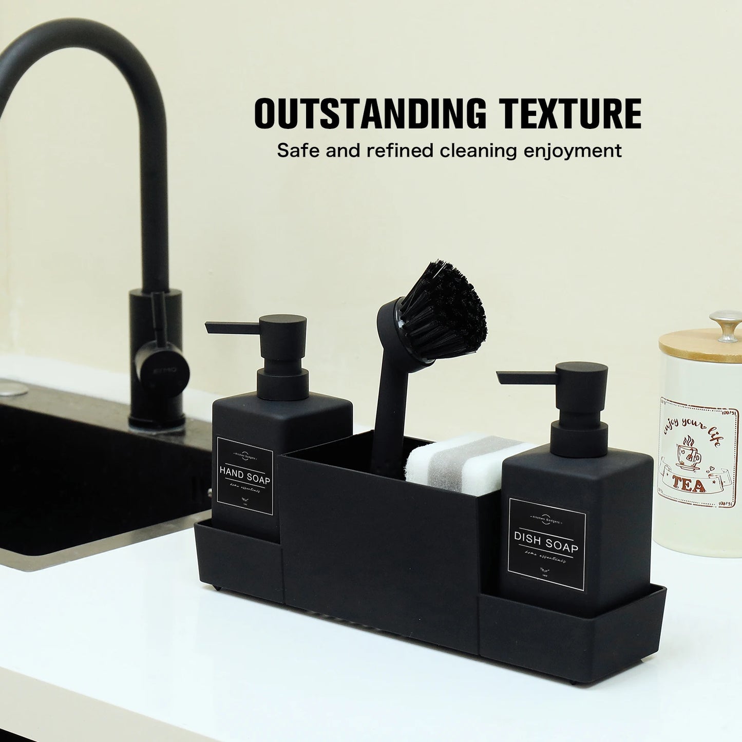 Matte Black Kitchen Soap Dispenser and Sponge Holder Set for Sink Caddy with Hand Soap and Dish Soap Storage