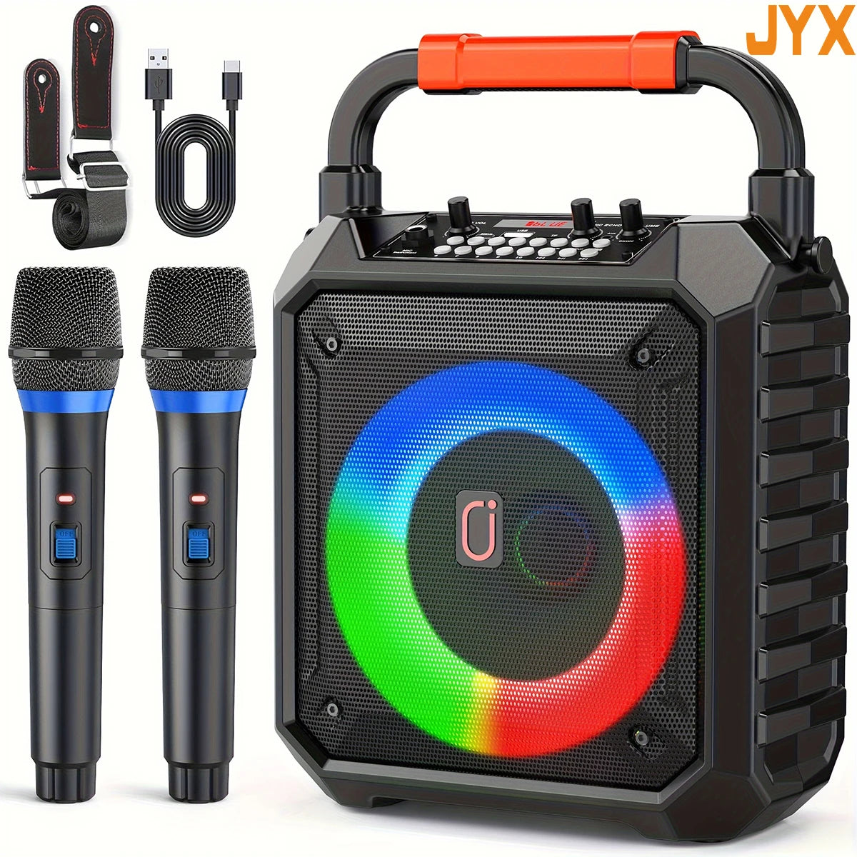 T17 Karaoke Machine with 2 Wireless Microphones Portable Bluetooth Speaker and RGB Colorful Lights
