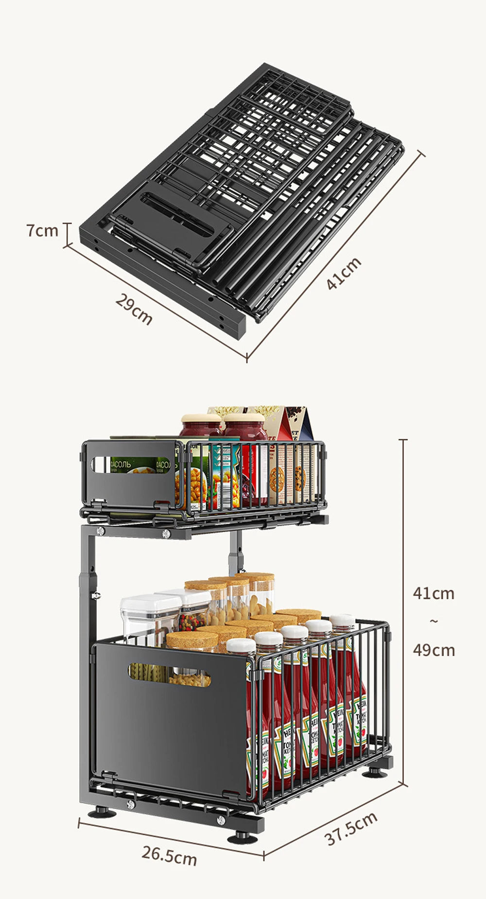 2 Tier Pull Out Cabinet Organizer Adjustable Kitchen Storage Rack