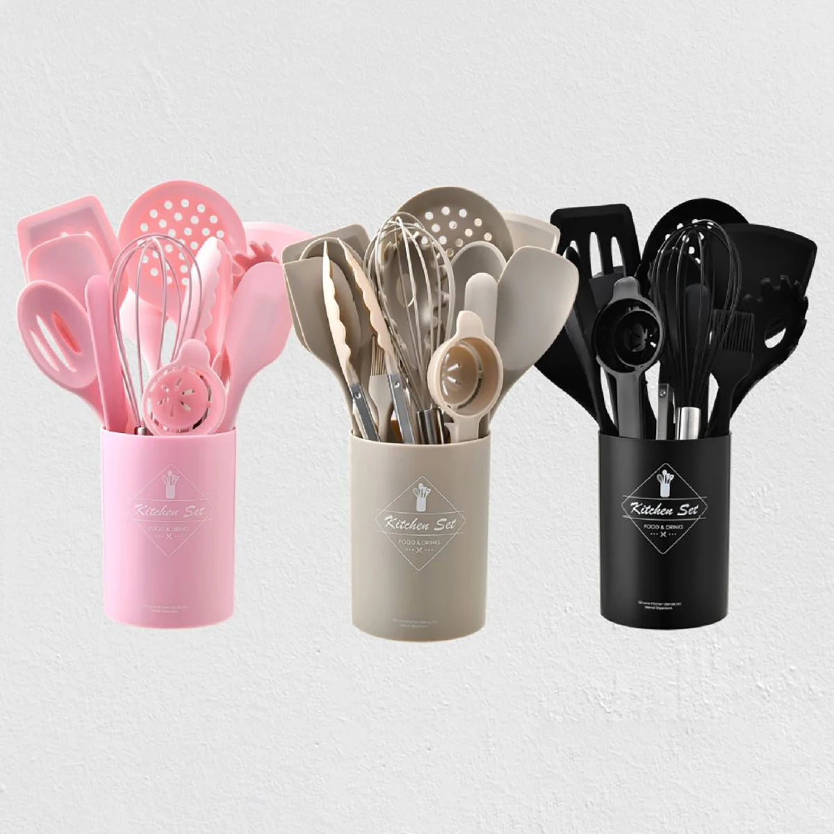 15 Piece Pink Silicone Kitchen Utensil Set with Storage Bucket Non-Stick Cooking Tools