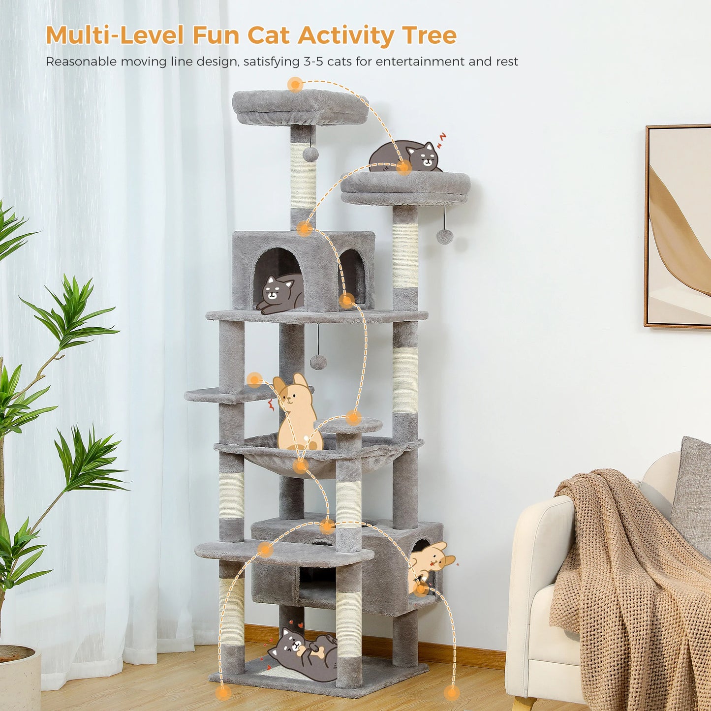 184cm Large Cat Tree and Tower for Indoor Cats With Scratching Posts and Spacious Hammocks