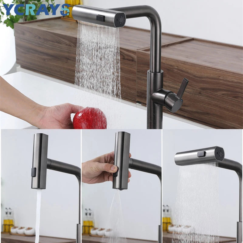 YCRAYS Black Kitchen Faucets Gray Pull Out Sprayer Tap