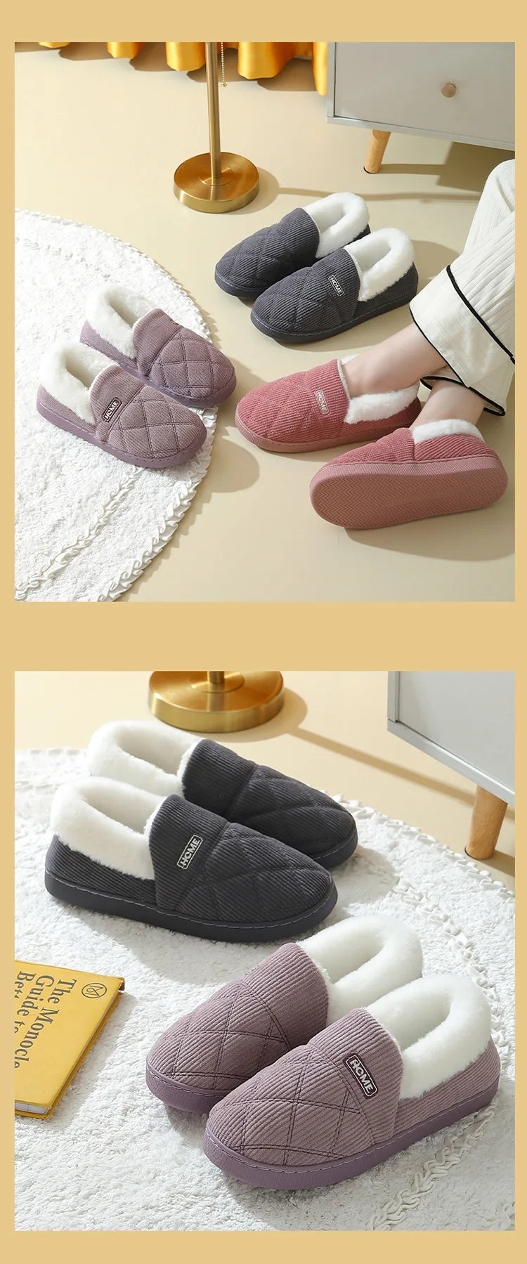 Comwarm New Women Slippers Plush Fur Thick Sole Antiskid