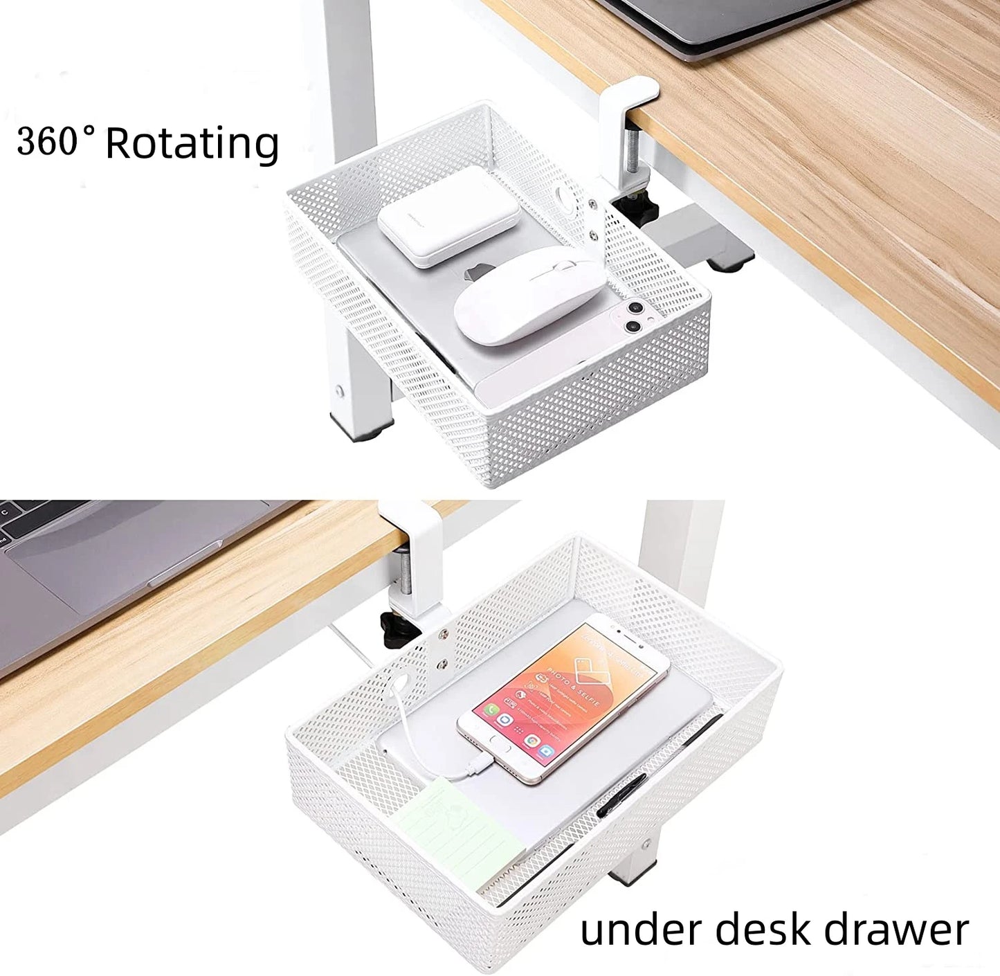 360 Rotating Under Desk Drawer Rack Organizer for Invisible Storage Box and Makeup Holder
