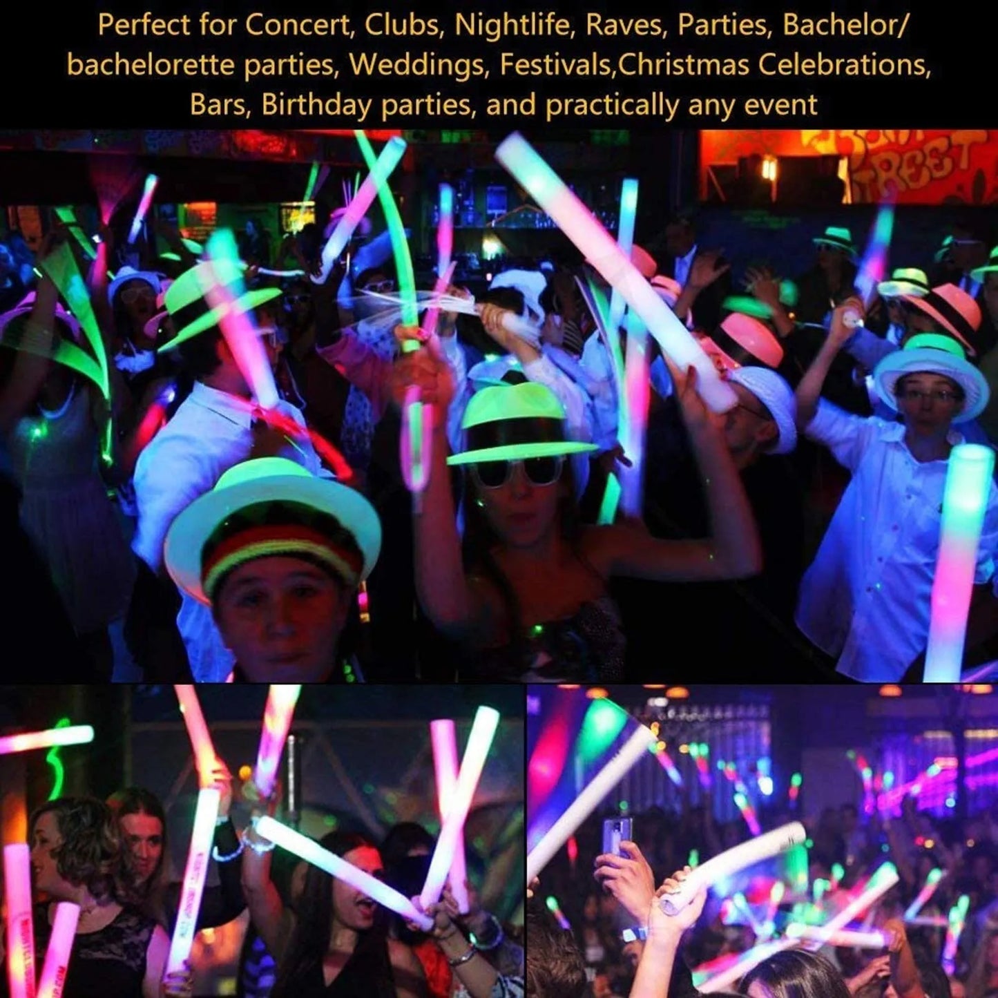 Colorful RGB LED Glow Sticks Foam Party Pack 10 to 60 Pieces for Christmas Birthdays Weddings and Glow in The Dark Celebrations
