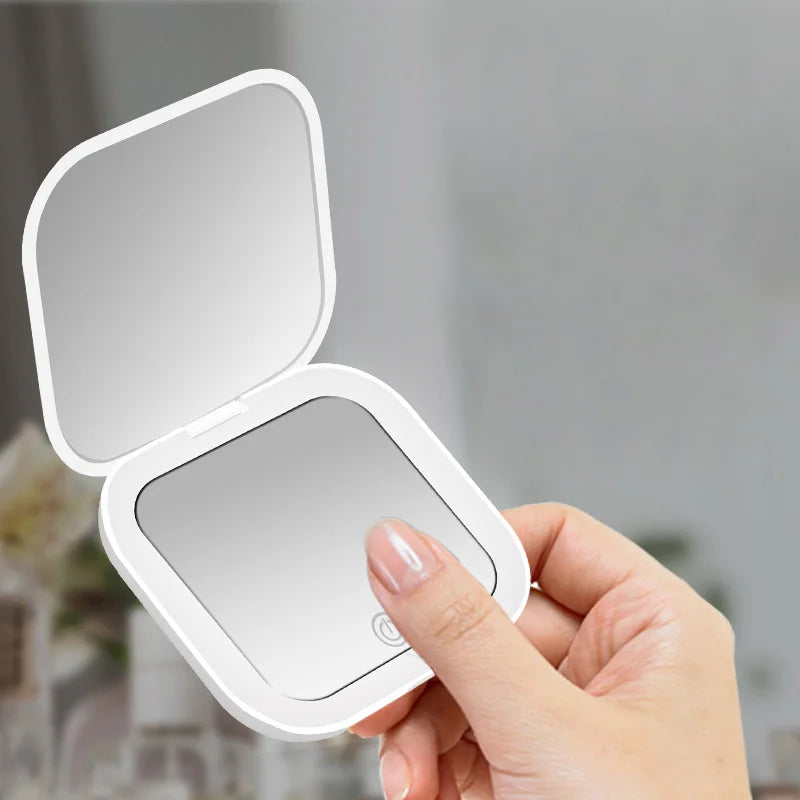 Portable Lighted Travel Mirror with Folding Design and Magnification for On-the-Go Makeup Touch Ups
