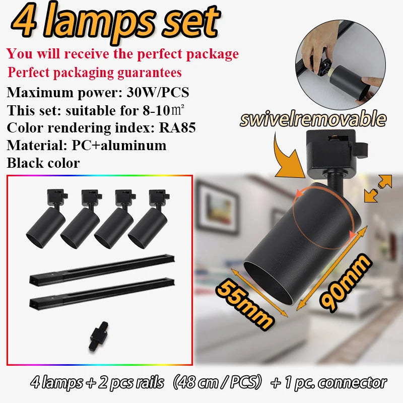 Dimmable GU10 Track Light Set Smart Home Spotlights Adjustable Ceiling Rail Lighting for Kitchen and Living Room