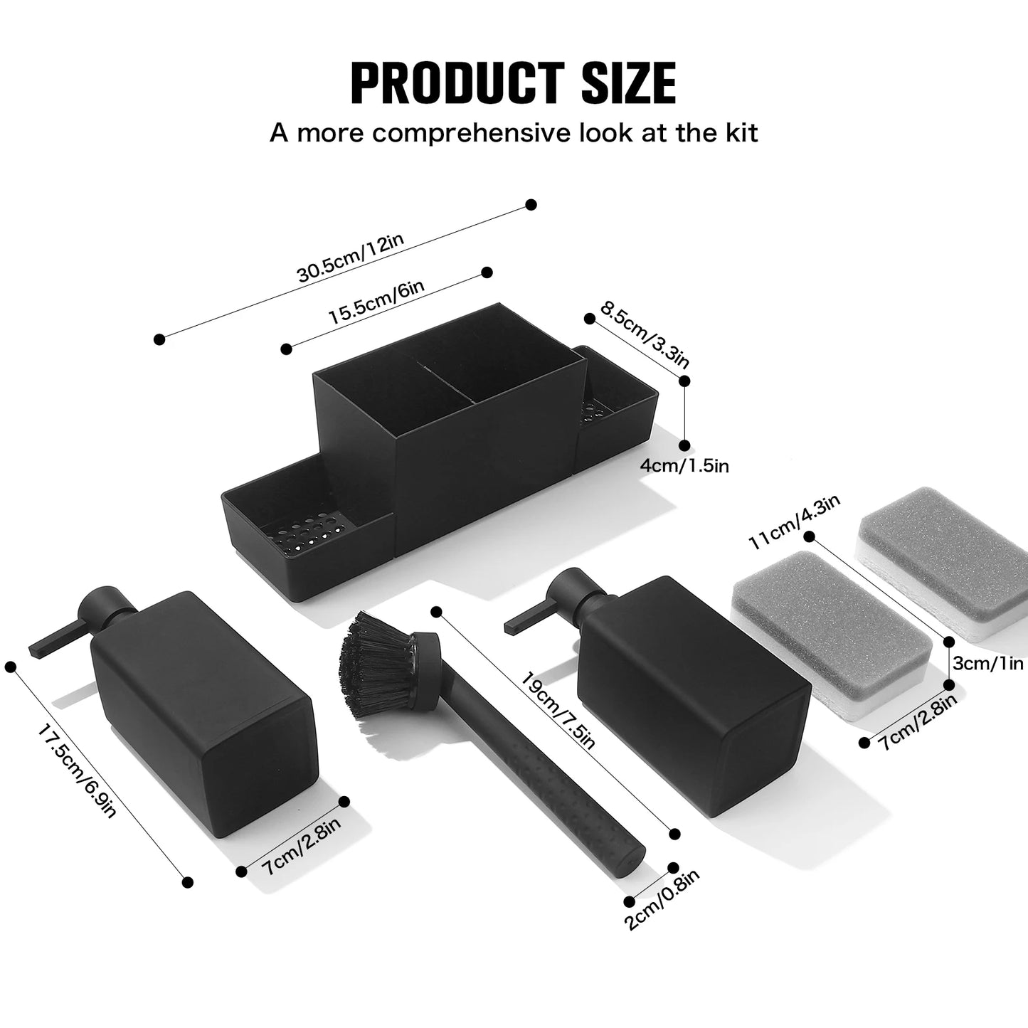 Matte Black Kitchen Soap Dispenser and Sponge Holder Set for Sink Caddy with Hand Soap and Dish Soap Storage