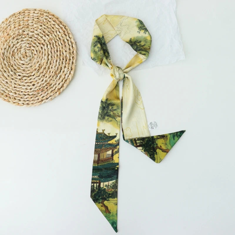 Retro Print Long Skinny Neckerchief Scarves for Women